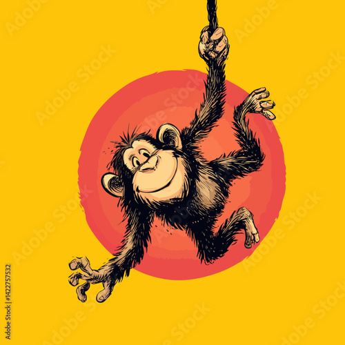 Smiling chimpanzee hangs from a rope above a red circle.