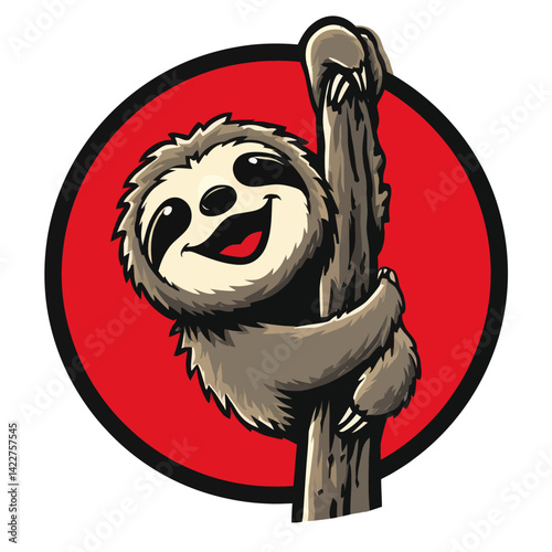 Smiling sloth clinging to a tree branch.