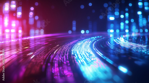 Vibrant abstract neon data stream with glowing lines and colorful lights creating dynamic visual effect