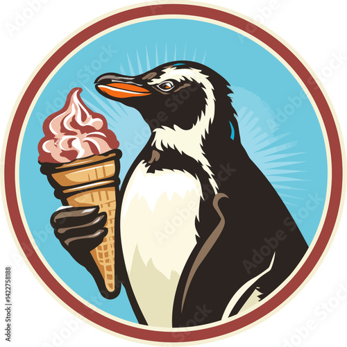 Penguin enjoying a delicious ice cream cone.
