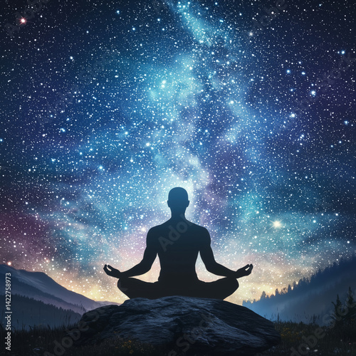 serene silhouette of meditating figure sits on rock, surrounded by breathtaking starry sky filled with vibrant colors and cosmic beauty