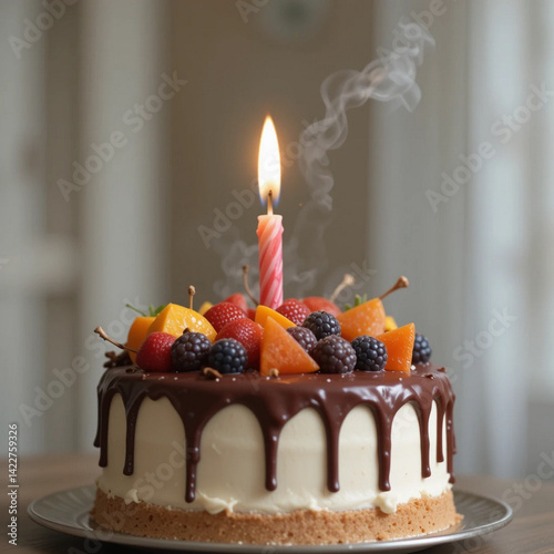 Birthday Cake with fruits and candle burn