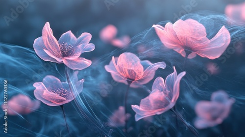 Ethereal floral composition, a dreamy dance of pink blossoms against cerulean currents