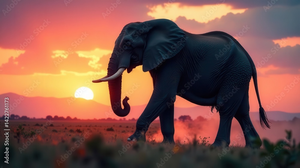 Fototapeta premium Majestic Elephant Silhouette at Sunset in the African Savanna