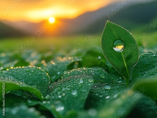 Sunrise dewdrop on a leaf.