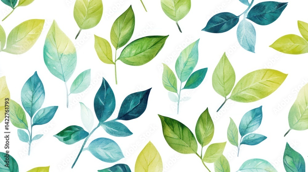 Fototapeta premium Watercolor Green and Teal Leaves Seamless Pattern