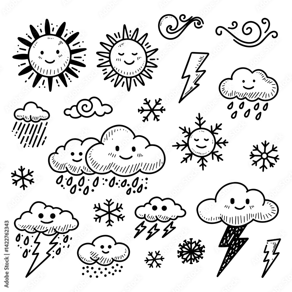 Naklejka premium The best collection of weather themed doodle elements on white background.