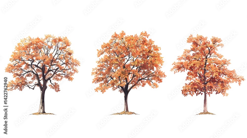 Naklejka premium Three Orange Trees Illustrations with Detailed Leaves and Textures