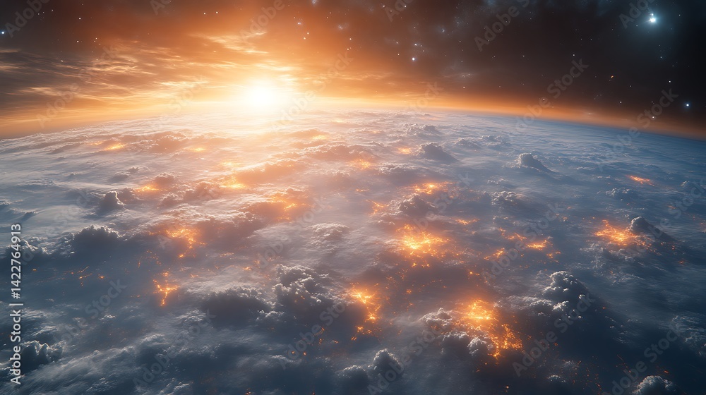 Sunrise over Earth, city lights glowing through clouds. Sunrise over Earth, city lights glowing through clouds.