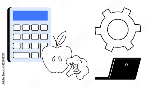 Calculator, apple, broccoli, gear, and laptop highlight balance in health, productivity, and technology. Ideal for wellness, nutrition productivity office workflow technology education simple