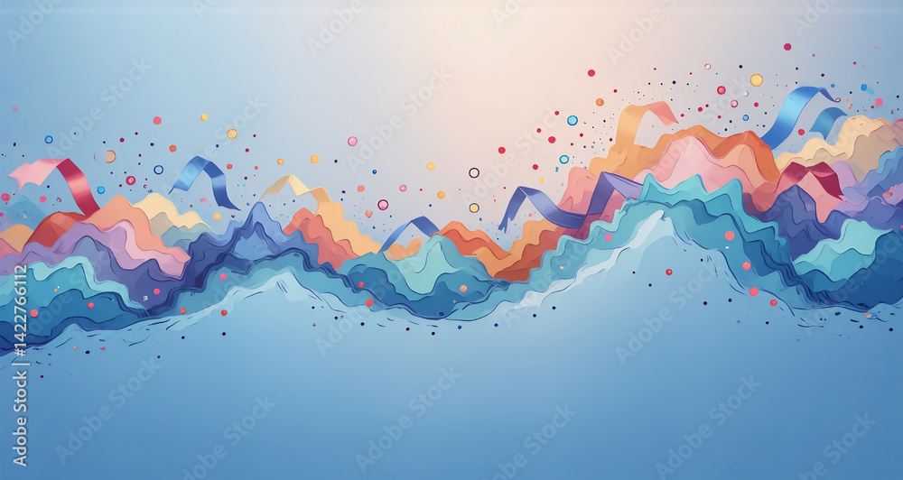 Fototapeta premium Here's the description and keywords: The image features abstract, colorful ribbons and confetti against a gradient blue background, creating a festive and celebratory vibe. Watercolors, light, and fl