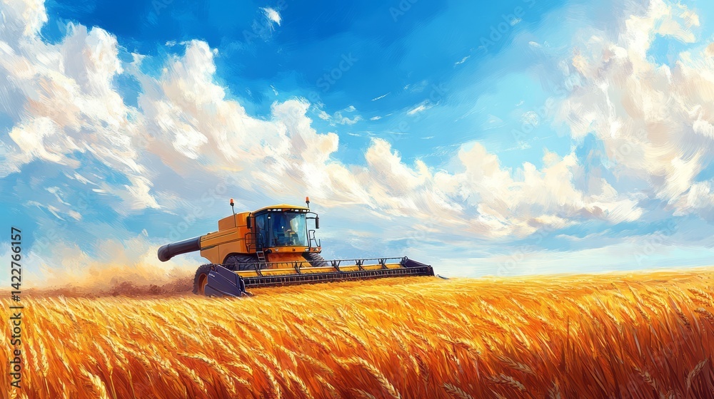 Obraz premium Combine harvester working in a wheat field under blue sky