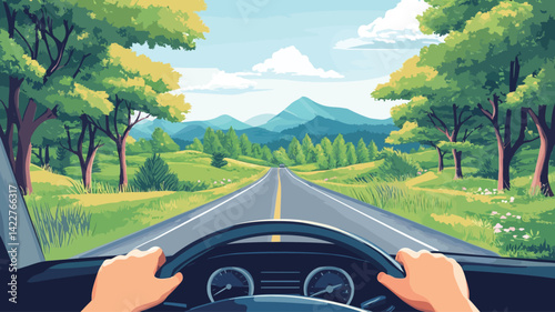 A vibrant, stylized vector illustration depicting a first-person view from the driver's seat of a car. The focal point is a long asphalt road winding off into the distance.