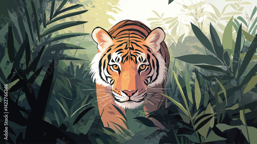 A digital painting illustration shows a tiger in profile, its gaze looking straight ahead, creating a strong and intimate connection with the viewer. Rendering style of this tiger.