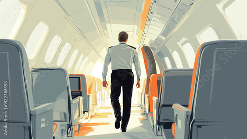 The image is a stylized illustration, possibly vector art, depicting a pilot in uniform walking down the aisle of an airplane. The color palette is muted, with soft grays, blues, and oranges