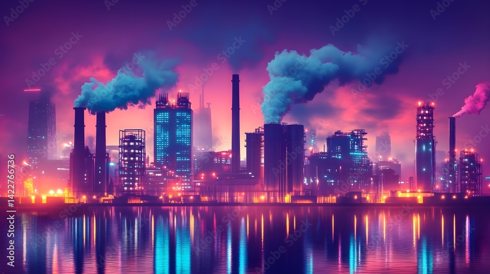 Fototapeta premium Vibrant Industrial Skyline at Night Overlooking Calm Water