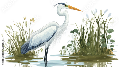 A digital painting shows a great egret standing in shallow water amidst dense swamp vegetation. The egret's feathers are depicted in great detail, primarily showing a.