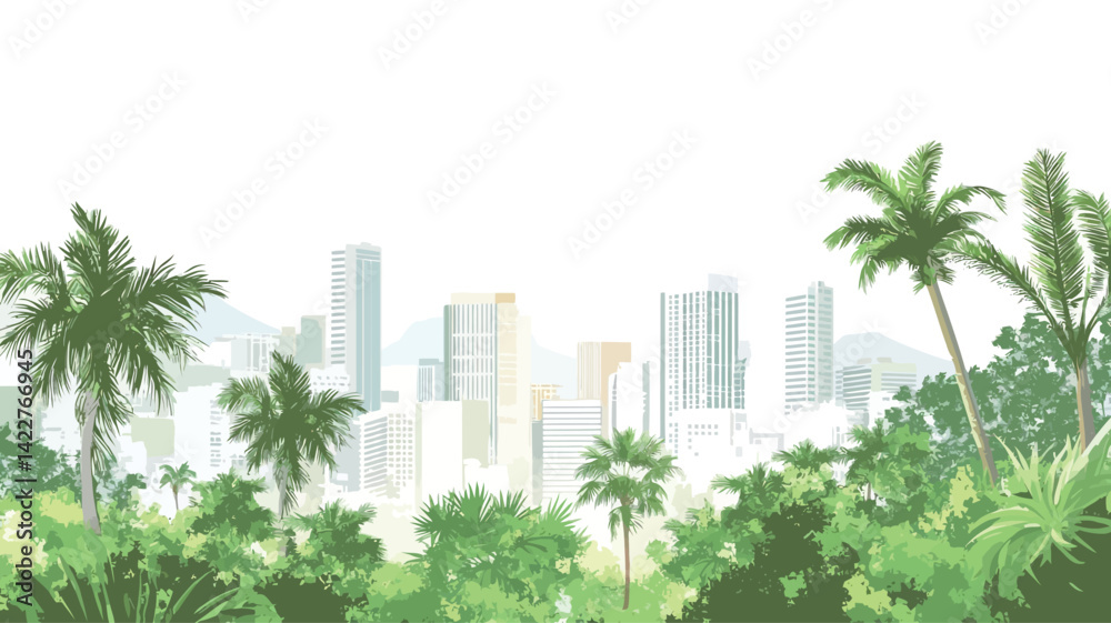 Fototapeta premium The work depicts a tropical city skyline in a stylized, almost painterly manner, viewed from a lush foreground.