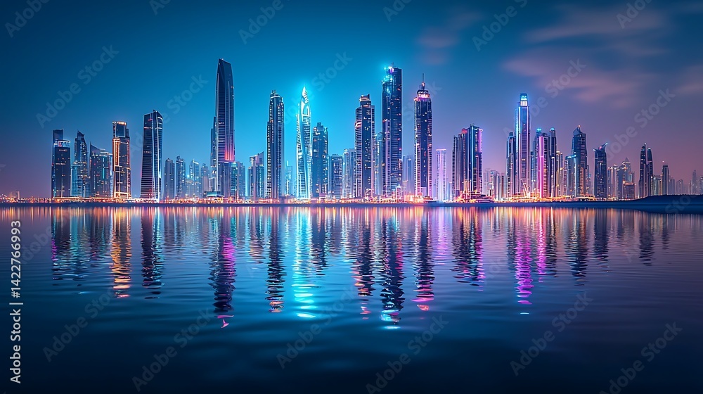 Fototapeta premium Radiant metropolis skyline reflecting in tranquil waters at twilight hour