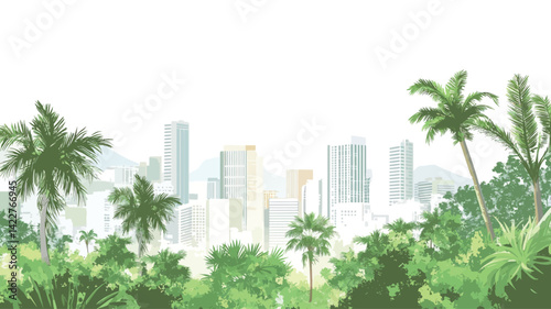 The work depicts a tropical city skyline in a stylized, almost painterly manner, viewed from a lush foreground.