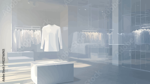 The picture shows the interior of a brightly lit, minimalist clothing store. The main colors are white and off-white, creating a transparent and spacious feeling.