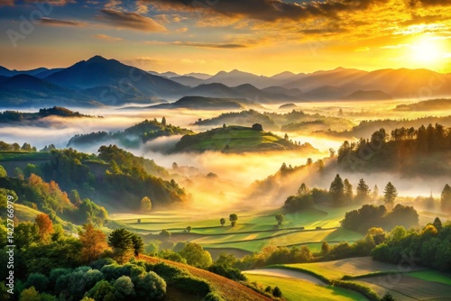 Misty Valley Sunrise Landscape