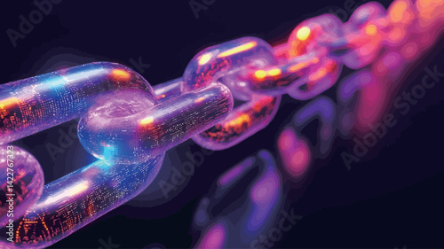 A close-up macro shot of the chain, with each link rendered in a highly stylized manner. The links are a vivid iridescent sheen, shimmering in gradient shades of purple, pink, orange, and gold.
