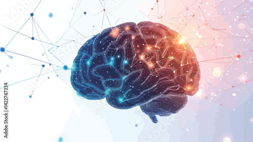 A 3D rendered image of a human brain presented on a soft blurred white to orange gradient background. The brain is rendered in a stylized manner with dark blue-black colors.