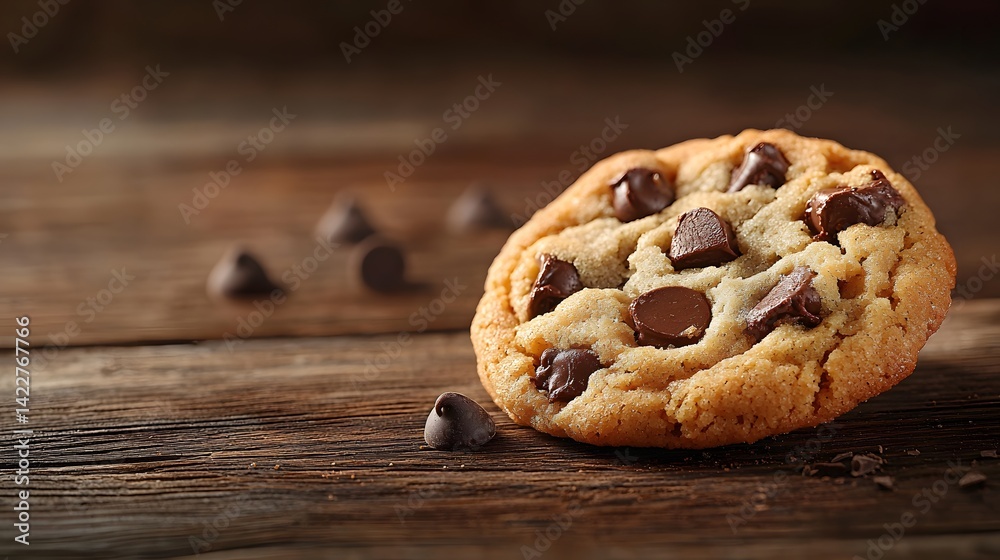 Warm gooey chocolate chip cookie fresh out of the oven sitting on a rustic wooden table or surface Warm gooey chocolate chip cookie fresh out of the oven sitting on a rustic wooden table or surface