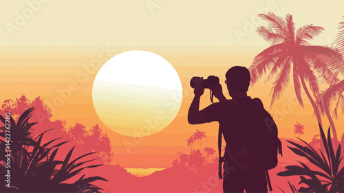 Vector illustration of a black silhouette of a person, presumably a male traveler, with a backpack and binoculars, against a colorful sunset background