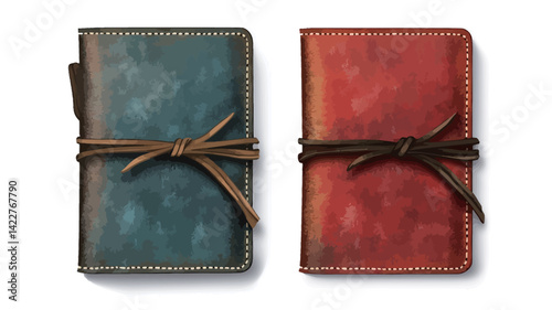High-angle, close-up studio shot of two artisan-crafted leather journals.  Each journal features a unique ombre effect; one displays a gradient from teal to brown, the other a warm transition from