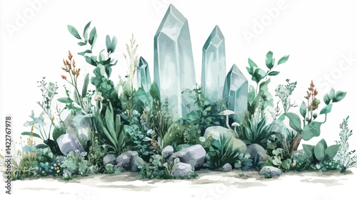 A digital painting or illustration of a cluster of translucent faceted crystals of varying heights, reminiscent of quartz or gemstones. They are situated in a dense