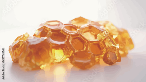 A close-up macro shot of a beehive shows the extremely detailed texture. The beehive is lit up to reveal a translucent amber and gold color.