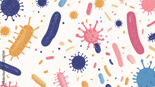 This image features stylized illustrations of various microorganisms in bright, pastel tones. The design features a densely repeated pattern of bacilli (rod-shaped bacteria).
