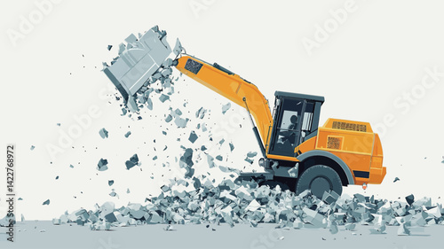 A digital rendering shows a yellow excavator against a pure white background, with grey concrete debris scattered across the ground as the excavator's bucket actively demolishes a concrete structure.