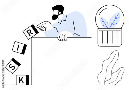Man intervening with falling blocks spelling RISK, emphasizing control. Glass orb with plant and minimalist decor. Ideal for risk management, decision-making, strategy, leadership, balance, control