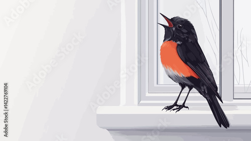 Close-up illustration of a stylized songbird perched on a white windowsill. The bird is primarily black with bright orange-red breast feathers and sings with its beak open.