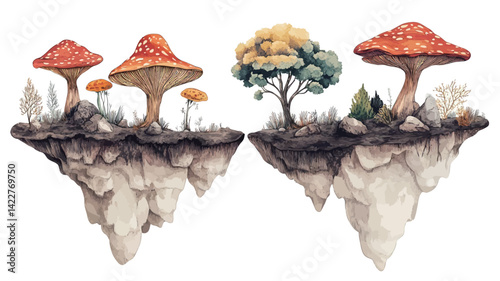 This digital painting features two meticulously rendered floating islands in a diptych format. Each island is home to a variety of plant life, including a striking fly.