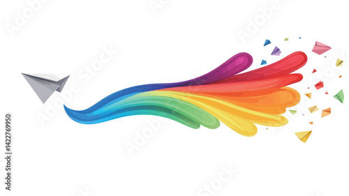 The image shows a stylized grayscale paper airplane, located on the left, that appears to be emitting a dynamic colorful trail. The trail resembles a stylized rainbow, composed of thick