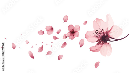 This work, presented as a stylized illustration or digital painting, depicts a pink cherry blossom with petals fluttering as if blown by a breeze. The color palette of the work is mainly soft pink.