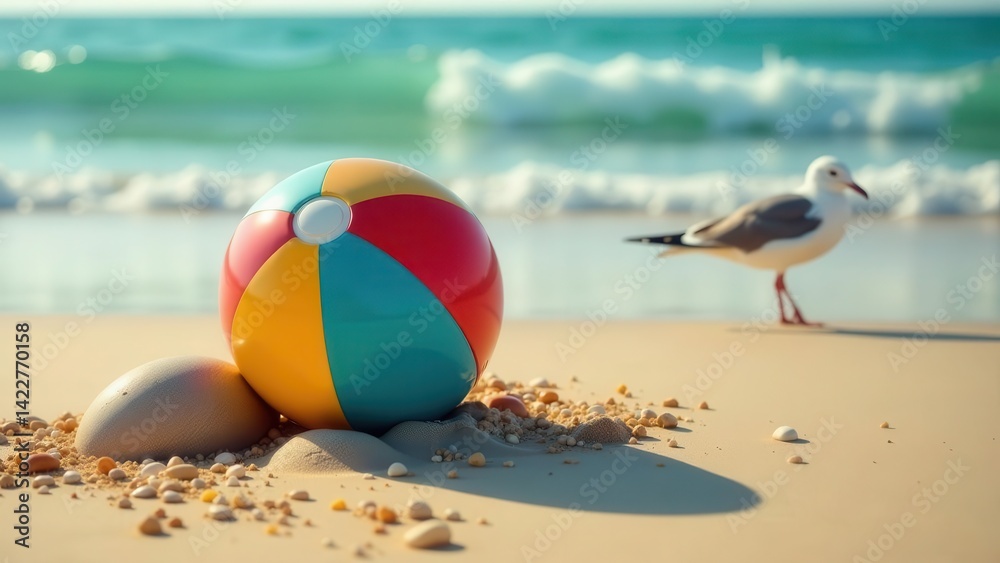 Obraz premium Beach ball nestled in sand near ocean wave with seagull
