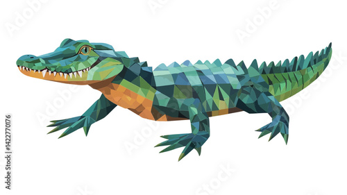 A stylized low polygon geometric alligator illustration. The alligator pattern is dominated by turquoise, green and orange tones, creating a camouflage-like effect. The polygonal shapes vary.