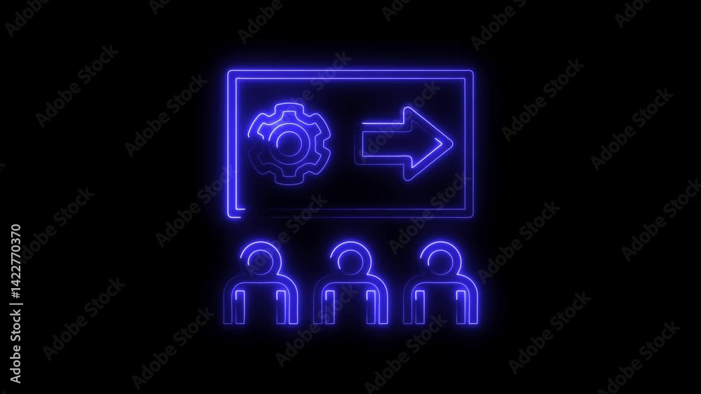 Neon team meeting workflow display with gear process and three people presenting data for business optimization and technological transformation