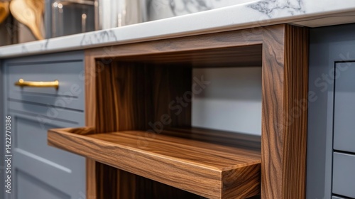 Modern kitchen cabinetry with a recessed, wooden shelf.