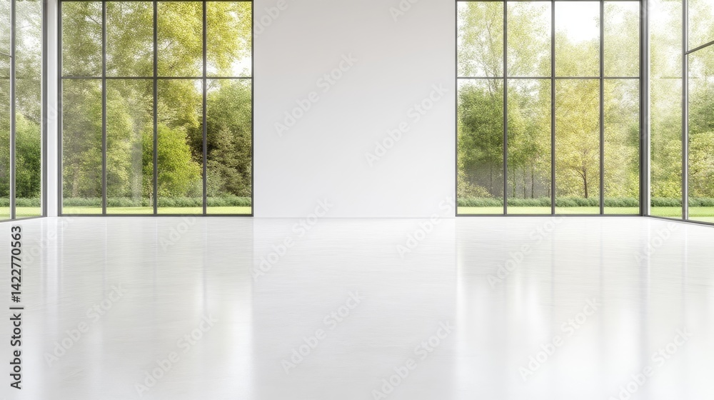 Fototapeta premium Spacious, modern interior with large windows showcasing a verdant landscape