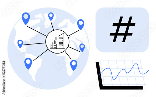 Globe with location markers connected to a building, metadata tag symbol, and a graph with fluctuating data. Ideal for global business, marketing, social media, trends, strategy, analytics simple