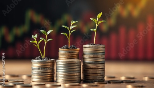 Green shoots of finance: Seedling growth atop stacked coins, investment concept