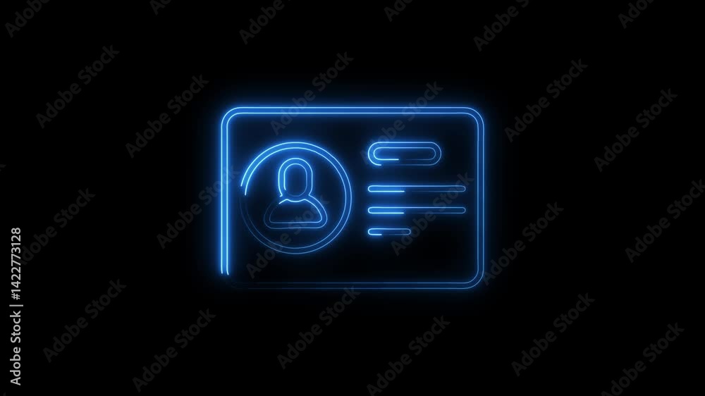 Glowing blue neon identity card outline on black background animated graphic shining futuristic identification access badge security pass technology digital icon
