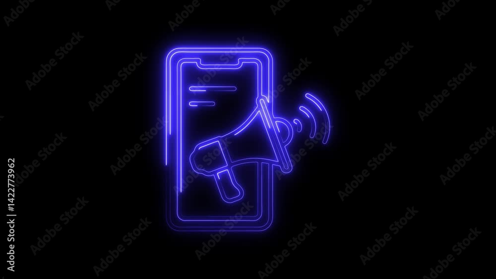Neon mobile marketing concept on black background digital promotion notification advertisement announcement illustration of loudspeaker on phone screen Neon mobile marketing concept on black background digital promotion notification advertisement announcement illustration of loudspeaker on phone screen