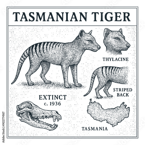 Black White Vector Illustration of the Tasmanian Tiger: A Vintage Engraved Infographic